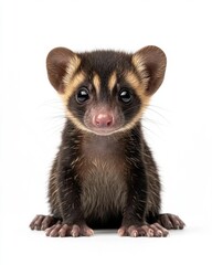 the baby Common Palm Civet, portrait view, white copy space on right, Isolated on white Background