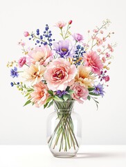 Naklejka premium Watercolor flowers in a vase on a white background, art, delicate, intricate