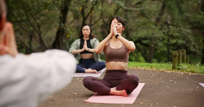 Asian woman, nature or yoga class with balance for meditation, zen or spiritual wellness together. Japanese, female person or group with teacher for awareness exercise or inner peace on mat in forest
