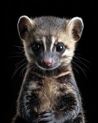 Fototapeta premium the baby Civet Luwak front view, white copy space on right, Isolated on black Background