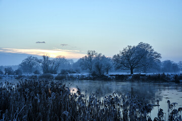 floes on the Warta River and snow-covered bushes and trees during winter evening