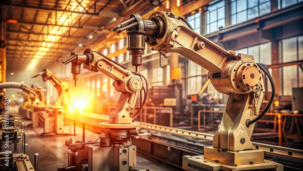 Poster vintage style photography of an advanced industrial robot arm functioning in a modern factory settin