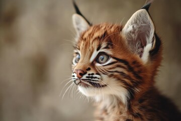 Obraz premium Mystic portrait of baby Lynx rufus in studio, copy space on right side, Headshot, Close-up View, isolated on white background