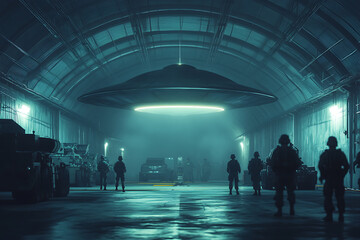 A UFO inside a restricted military base, guarded by soldiers and surrounded by classified equipment, creating an intense atmosphere of secrecy and mystery.
