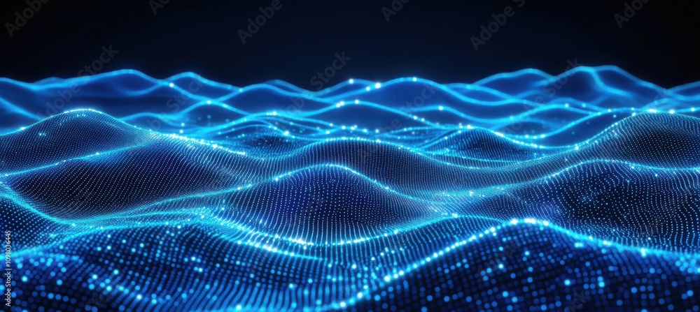 Poster a digital abstract background with a space filled with polygons and dots, including a 3d wave.