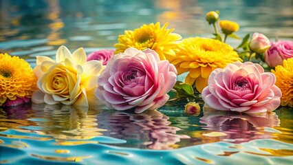 Vintage Style Photography of Delicate Pink Roses and Cheerful Yellow Mums Floating Serene on Water, Evoking Tranquility and Natural Beauty in a Timeless Floral Arrangement