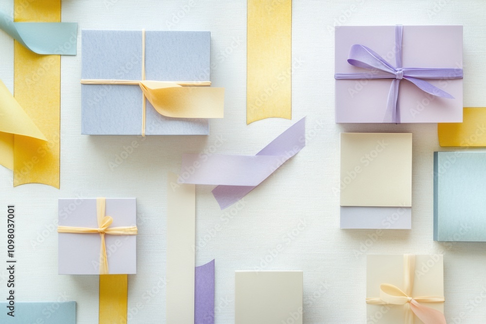 Poster Delicate pastel gift boxes with elegant ribbons are arranged neatly on a soft textured surface, creating a charming display. Generative AI