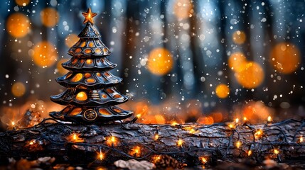 A small christmas tree sitting on top of a log in the woods