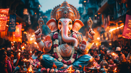 Fototapeta premium Vibrant Ganesh Chaturthi Festival Celebration in India with Ornate Ganesha Idol