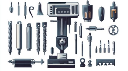 Obraz premium Industrial Machine Tools Illustration: Precision Drilling Equipment and Accessories