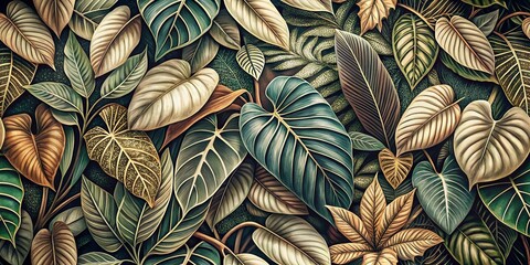 Fototapeta premium Vintage Style Photography of Modern Pattern Leaves Shapes, Capturing the Intricate Designs and Textures in Nature's Palette, Evoking a Nostalgic and Artistic Atmosphere