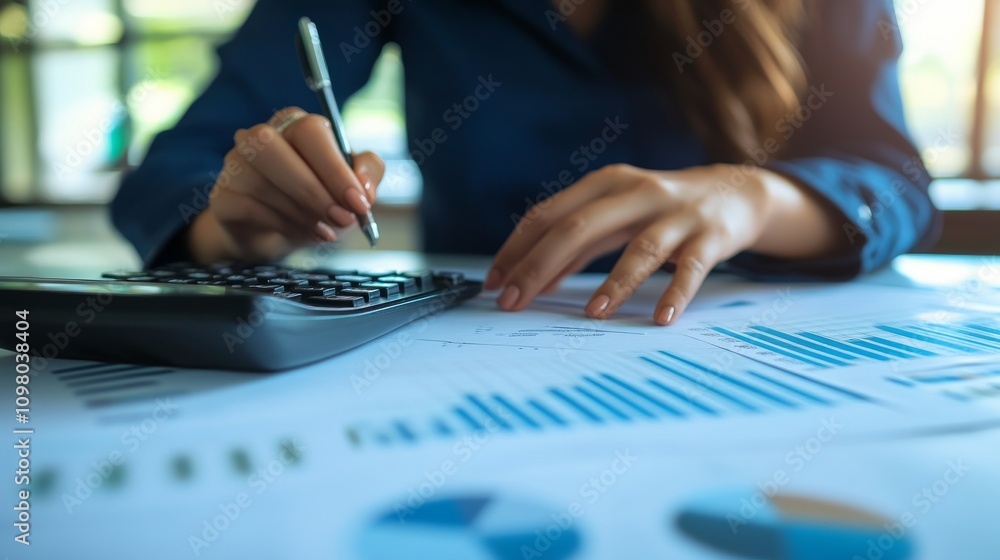 Poster a businesswoman works on financial analysis using a calculator and charts, focusing on important dat