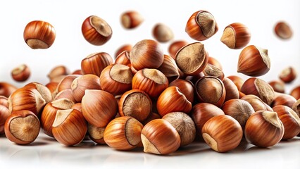 Obraz premium Vintage Style Photography of Realistic Hazelnuts Falling in Midair, Perfect for Food and Nut Designs with Isolated Background for Culinary and Healthy Eating Themes