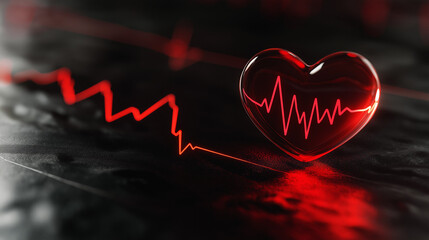 Fototapeta premium A glowing heart shape with an electrocardiogram line pulsating rhythmically in a dark background representing life and vitality.