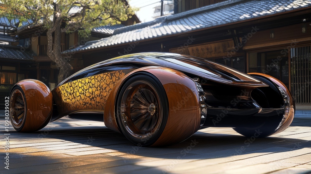 Poster sleek, futuristic concept car with a bold design featuring smooth curves and metallic details, parke