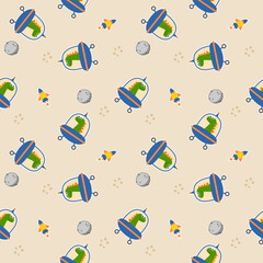 Dinosaurs green cartoon so cute drive a UFO. On moon spaceship background. Pattern seamless vector illustration. 
