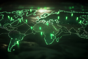 Obraz premium A glowing digital world map with red warning symbols indicating cyberattacks, representing global cybersecurity challenges and risks. 