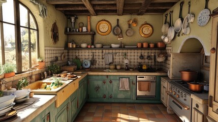 Rustic farmhouse kitchen with vintage decor, sunlit window, and antique cookware.