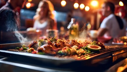 Sizzling food on a hot griddle with customers enjoying the atmosphere in a vibrant dining space. Generative AI
