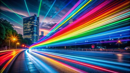 Vivid Long Exposure Colorful Rainbow Light Trails Creating a Blurred Effect Against a Dark Background for Stunning Visual Impact and Artistic Expression