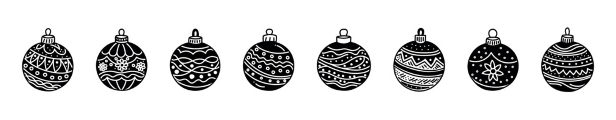 Obraz premium Set of various black and white Christmas ornaments with intricate patterns and designs on white background. Concept of holiday decorations, baubles, festive coloring, Christmas balls, craft templates