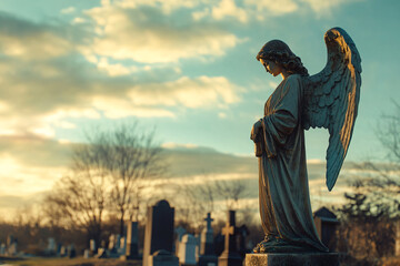 Fototapeta premium Marble statue of grieving angel, memorial monument slab on sunny cemetery background. Backdrop template of sadness, hope, religious architecture for death ceremony and funeral services copyspace