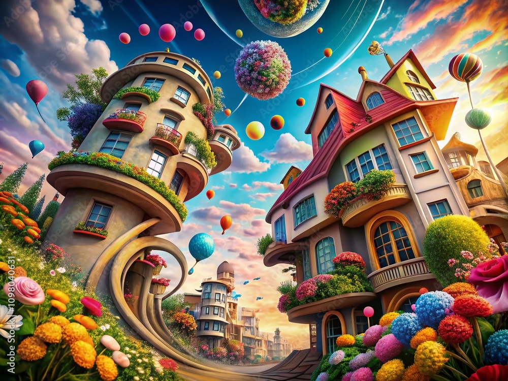 Poster whimsical architecture: a playful journey through abstract forms and colors, merging fantasy with mo