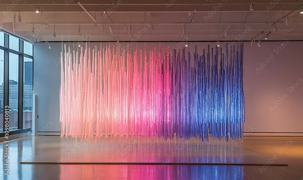 Poster an installation featuring colorful vertical strips creating an immersive light experience.