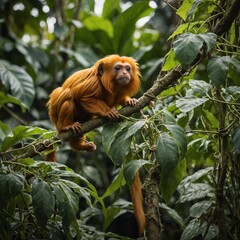 Obraz premium A tiny golden lion tamarin climbing on liana vines.