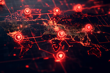 Fototapeta premium A glowing digital world map with red warning symbols indicating cyberattacks, representing global cybersecurity challenges and risks. 