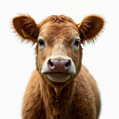 A brown cow with a yellow ear tag looks directly at the camera against a white background. The close-up highlights its furry coat, ears, nose, and eyes. isolated