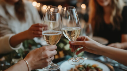 Elegant hands of friends toasting with glasses of champagne