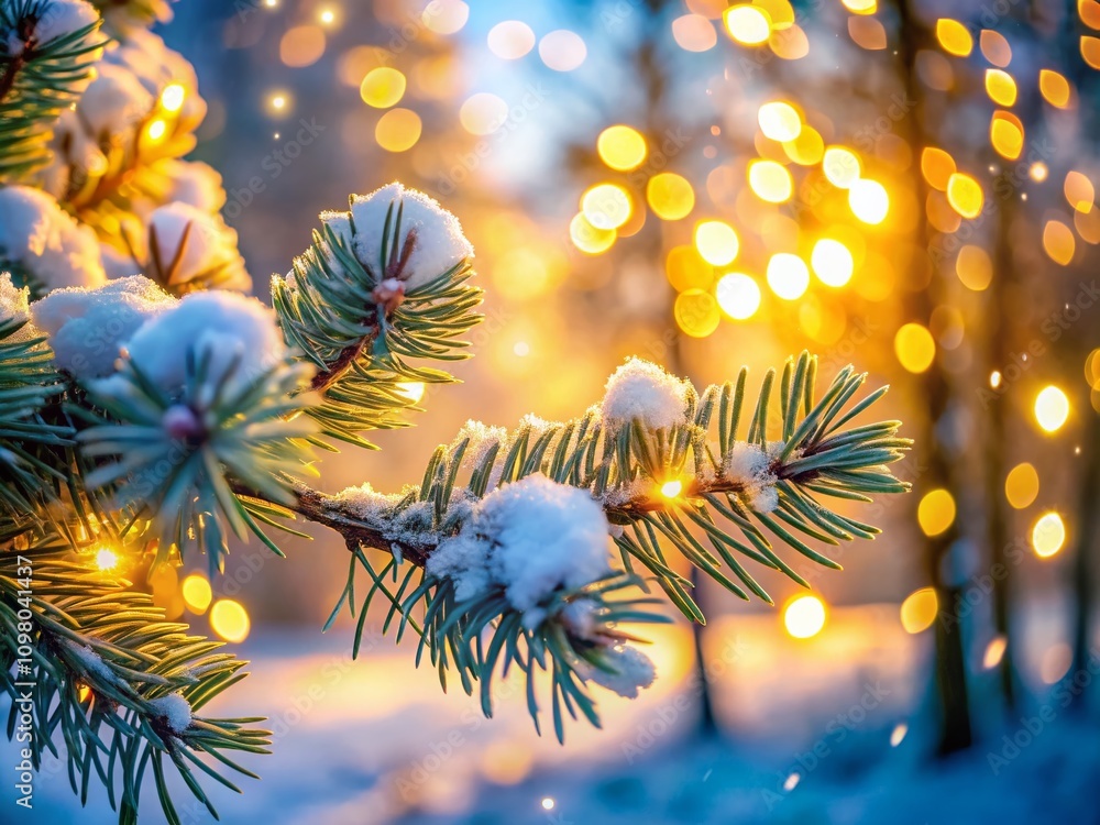 Poster winter pine branch glowing with soft golden lights and bokeh effect creating a cozy atmosphere amids