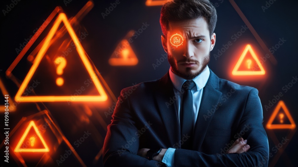 Poster business professional surrounded by glowing warning notifications and cybersecurity alerts on a virt