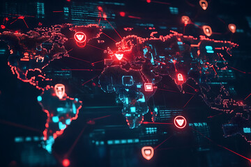 Fototapeta premium A glowing digital world map with red warning symbols indicating cyberattacks, representing global cybersecurity challenges and risks. 