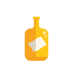 Yellow glass bottle containing message note floating in liquid, flat vector illustration isolated on white background