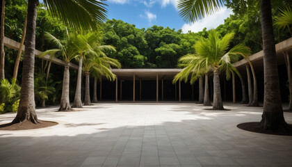 Tropical Beach with Palm Trees and Resort by the Ocean
