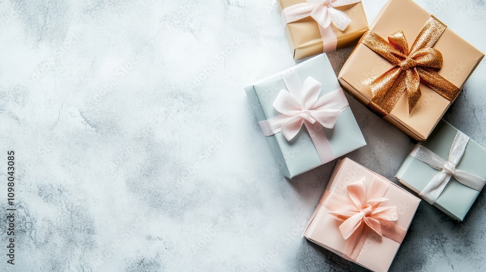 Aufkleber delicate handcrafted gift boxes in pastel shades with elegant ribbons arranged thoughtfully on a sof