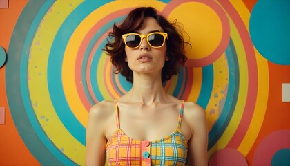 woman, colorful, checkered, dress, sunglasses, retro, popart, style, vibrant, bold, dynamic, playful, whimsical, vintage, artistic, swirling, background, circles, squares, geometric, artisticstyle