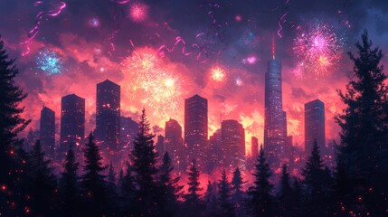 Obraz premium City skyline fireworks illuminate nighttime trees and buildings, perfect for New Years Eve or city celebration event promotions. Suitable for advertisement or marketing materials