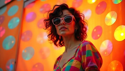 Obraz premium woman, colorful, checkered, dress, sunglasses, retro, popart, style, vibrant, bold, dynamic, playful, whimsical, vintage, artistic, swirling, background, circles, squares, geometric, artisticstyle