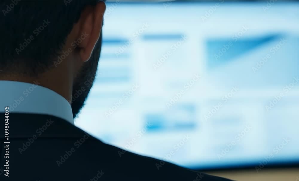 Poster businessman in office analyzing data on computer screen with focused engagement