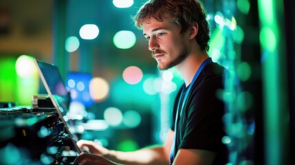 A Caucasian IT expert uses a laptop to conduct data transfer tasks in a data center's digital room, surrounded by rack server cabinets. Cyber security.