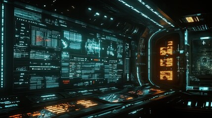 Fototapeta premium Futuristic spaceship interior with glowing screens and panels