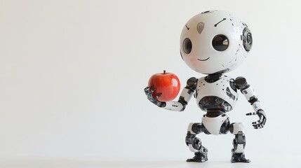 Fototapeta premium A charming, humanoid robot holds a shiny red apple in a clean, futuristic setting. The robot's smile and playful design make this image ideal for themes of AI, technology, and innovation.. AI