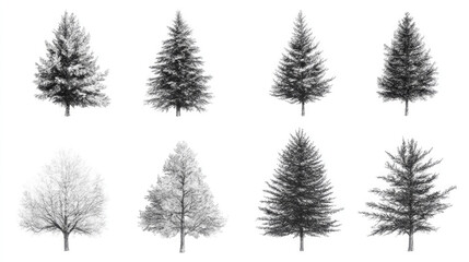 Christmas tree hand drawn illustrations set black and white pine