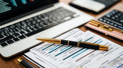 Fototapeta premium A workspace featuring a laptop, a pen, and printed documents, suggesting productivity and organization in financial or business tasks.