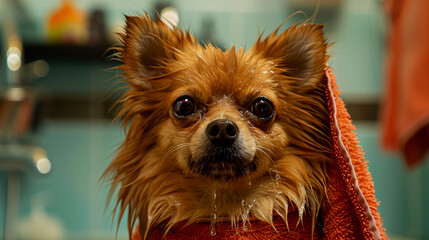 Spitz dog being groomed in a beauty salon for dogs, with the groomer drying the dog with a towel