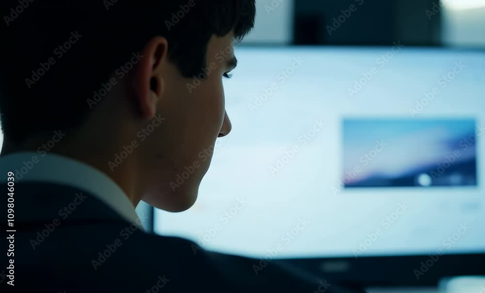 Aufkleber focused young man utilizing technology while working on computer in modern office environment.