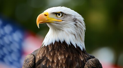 Obraz premium Close Up Portrait of a Bald Eagle with a Blurred American Flag in the Background